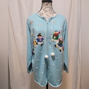 Quacker Factory Light Blue Snowman Cardigan